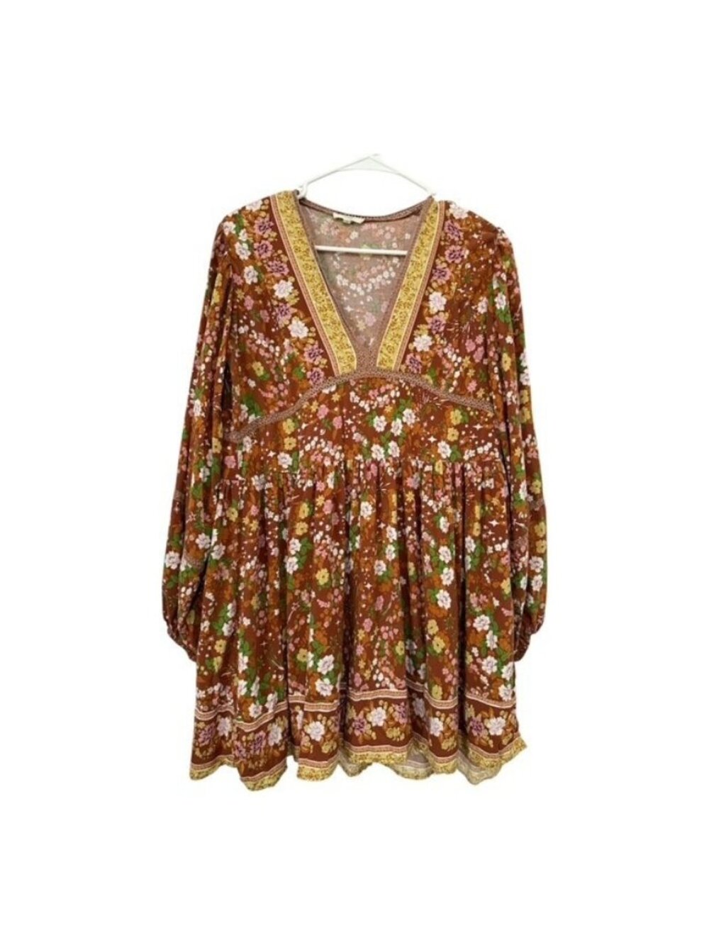 Easel Brown Gold Boho Fall Floral V Neck Puff Sleeve Tunic Babydoll Blouse Small